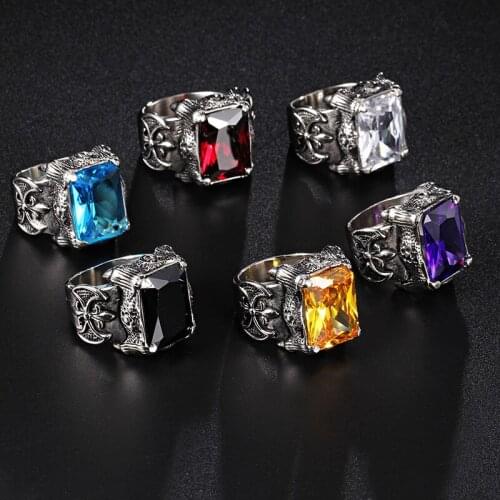 Silver color Retro punk gothic red stone men titanium steel casting ring