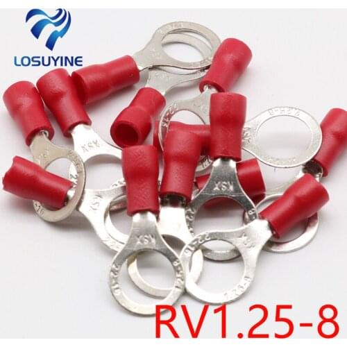 RV1.25-8 Red Circular 22-16 AWG 0.5-1.5mm2 Insulated Ring Terminal Connector Cable Wire Connector 100PCS/Pack RV1-8 RV