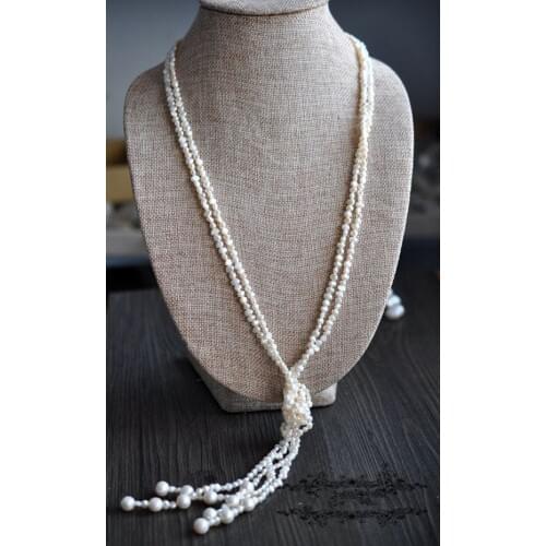 Unique Pearls jewellery Store White Color 4-5mm 2rows Baroque Genuine Freshwater Pearl Necklace 50inches Long Necklace