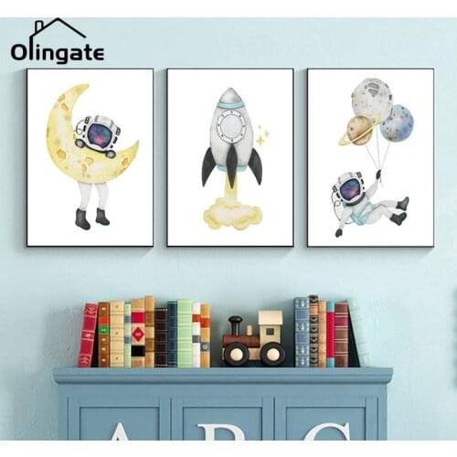 Cartoon Space Astronaut Planet Child Poster Rocket Moon Kindergarten Bedroom Picture Canvas Wall Art Painting for Home Decor