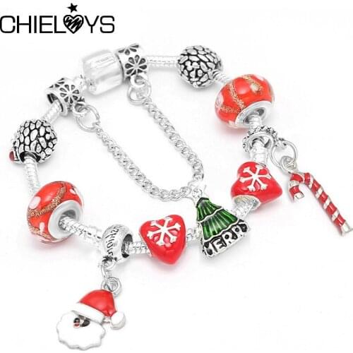 Christmas Series Classic Silver Plated Charm Bracelet With Crystal Christmas Tree Beads Bracelets For Women Kids Xmas Jewelry