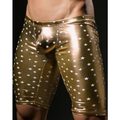 Hot Sexy Men Shiny Star Printed Faux Leather Beach Shorts Skinny Low Rise Waist Leggings Party Clubwear Middle Shorts Underwear