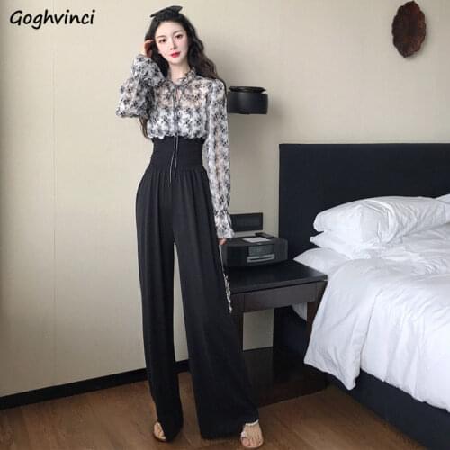 Women Sets Chiffon Blouses Loose Mesh Sexy Ruffles Tops Stylish Elastic Waist High Waists Stretchy Pants Elegant Sweet Casual