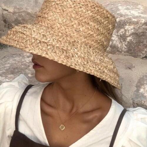 Summer hats for women Retro flat drooping hat brim hand-made raffia straw hat ladies outdoor sun protection beach straw hat