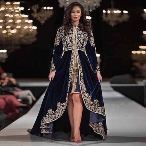 Blue Muslim Evening Dresses A-line Long Sleeves Appliques Beaded Velvet Moroccan Kaftan Dubai Saudi Arabia Long Prom Dress Gown
