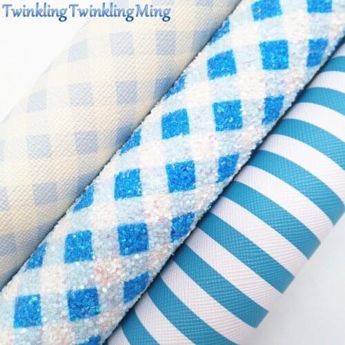BLUE Glitter Fabric, Stripes Plaids Faux Leather Fabric, Synthetic Leather Fabric Sheets For Bow A4 8"x11" Twinkling Ming XM337