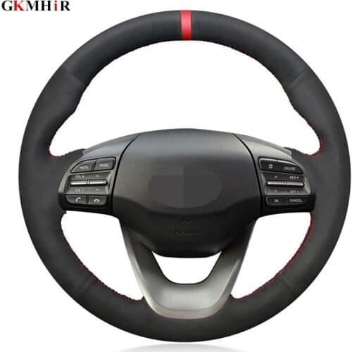 DIY Hand-stitched Black Genuine Leather Suede Car Steering Wheel Cover For Hyundai Kona 2018 2019 2020 Accessories