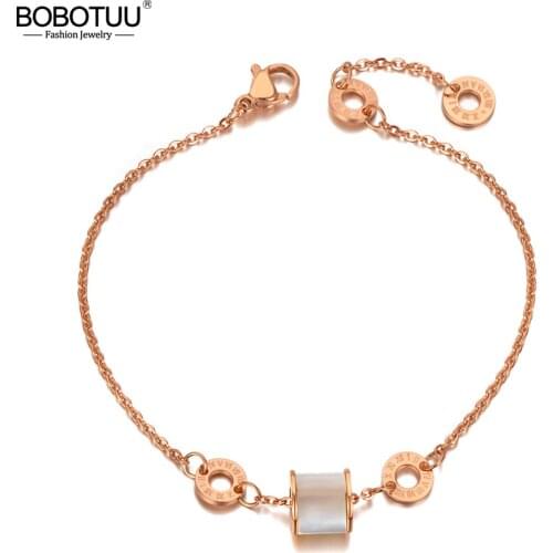 BOBOTUU Titanium Stainless Steel White Shell Chain & Link Bracelets For Women Trendy Roman Numerals Bracelet Jewelry BB20132