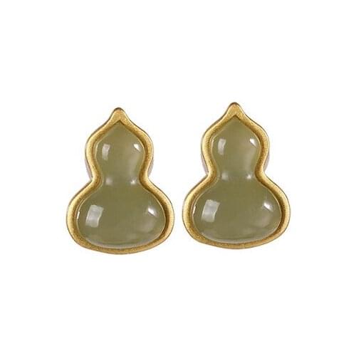 S925 sterling silver gold plated Natural Hetian jade Gray jade Ear studs Personality Simple All-matching Gourd Ladies Earrings