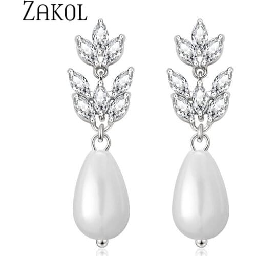 ZAKOL Water Drop Zirconia Crystal Dangle Earrings For Women Fashion Imitation Pearl Leaf Bridal Wedding Dress Jewelry FSEP2519