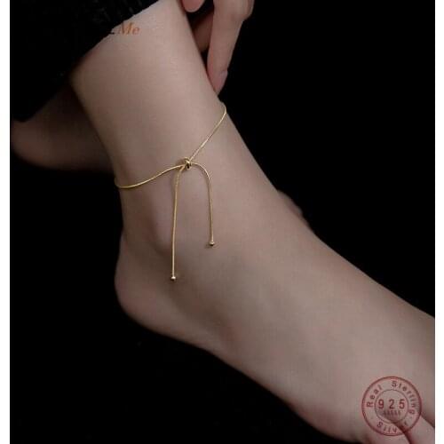 WANTME 925 Sterling Silver Minimalist Snake Bone Adjustable Tassel Anklet for Fashion Women Summer European Chain Foot Jewelry