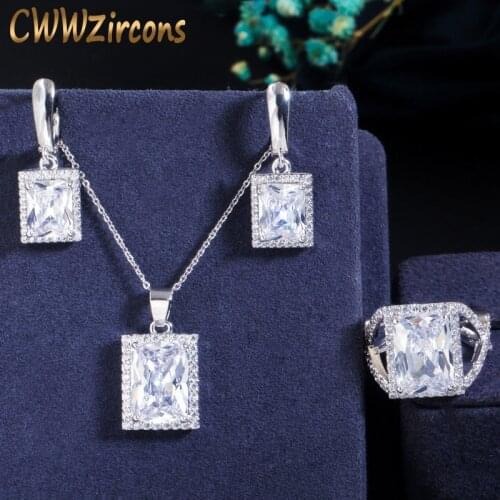 CWWZircons Sparkling Big Square Cubic Zirconia Stone Ring Pendant Necklace and Earring Jewelry Sets for Women Bridesmaid T070