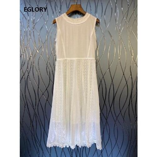 2021 Spring Summer Fashion Cotton Dress High Quality Women Exquisite Embroidery Sleevless Mid-Calf Black White Dress Club Wear