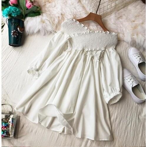 Womens spring autumn puff sleeve high waist A-Line dress girls casual loose chic dress TB145