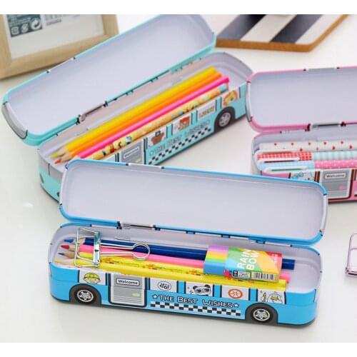 1pc Color Random Cartoon Double-decker Bus Car Metal Plastic Two Layer Pencil Case Pen Box Kids Gift Student School Supplies