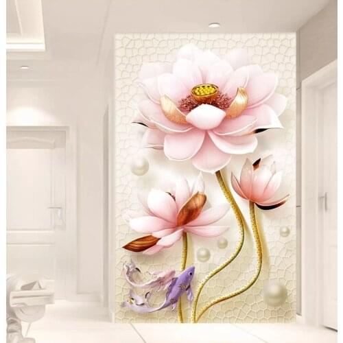 CJSIR Custom 3D Wallpaper Mural New Chinese 3D Lotus Emboss Elegant Simple Stereo Entrance Decoration Wall Papers Home Decor