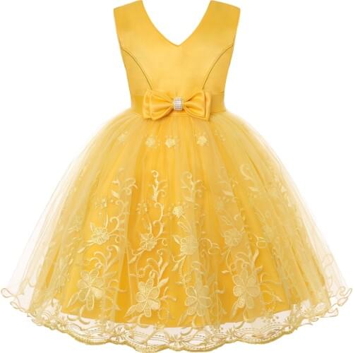 Flower Lace Pattern Kids Clothing Satin V-neck Bow Sleeveless Elegent Girls Dresses for Children Princess Party Custumes