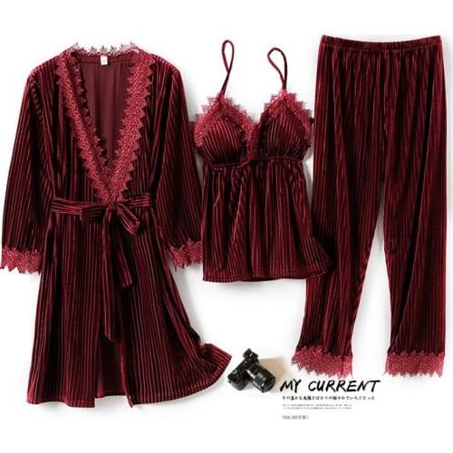 Pajamas Suit Women Autumn Winter New Arrival Sleepwear Loose Pijamas Velour Sexy Lace Trim Home Wear 3PCS Wedding Nightgown Set