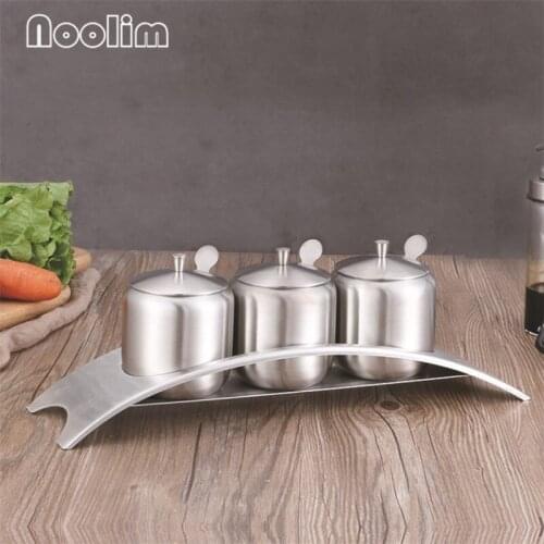 304 Stainless Steel Round Spice Jar with Spoon and Lid Sugar Box Salt Pepper Shakers Kitchen Cooking Tools Sealed Seasoning Tank