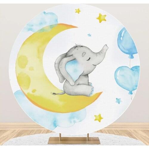 Circle Round Photo backdrop Cover Sweet Baby Elephant Moon Stars Safari Birthday Party Baby Shower Customized Photo Background