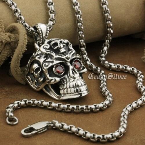LINSION 925 Sterling Silver Red CZ Eyes Huge Smile Skull Mens Biker Rock Punk Pendant 8A035
