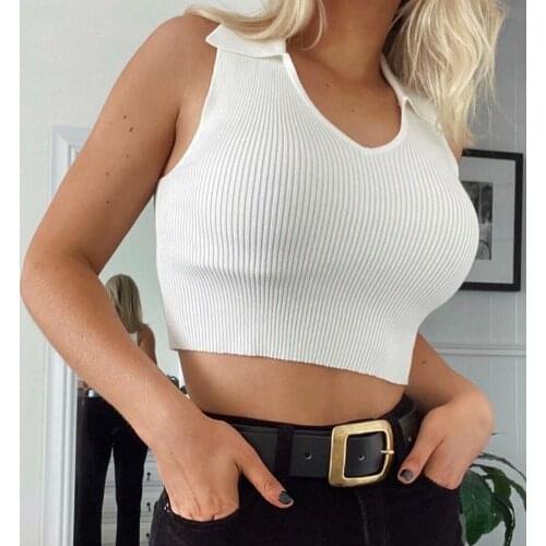 Sexy Ribbed knitted Turn-down Collar Tank Tops Women Summer Sleeveless White Stretch Short Crop Top Vest Female Camisole Clothes