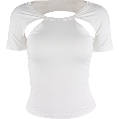 2021 New Women’s Casual Short Sleeve T-shirt Fashion Solid Color Round Neck Hollow Backless Tops Sexy All-match