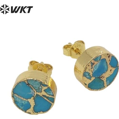 WT-E645 Wholesale Fashion tiny 10mm copper turquoise earrings studs Lady chick gold electroplated stone studs for Friends