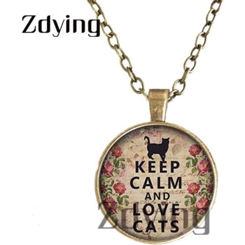 Zdying Retro Keep Calm And Love Cats Pendant Necklaces Glass Picture Cabochon Necklace Bronze/Silver-plated Jewelry Gift Zt012