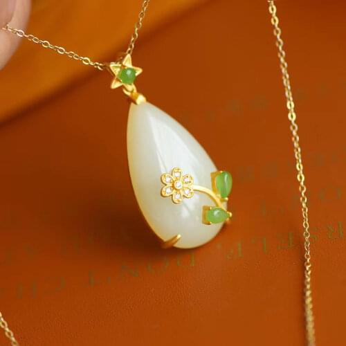 Natural Hetian Jade Big Drop Pendant S925 Sterling Silver Ancient Gold Inlaid Small Flower Pattern Design Embellishment Jasper