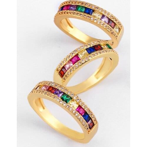 Luxury New gold color inlaid colorful zircon rainbow engagement Rings for Women wedding band jewelry simple gifts