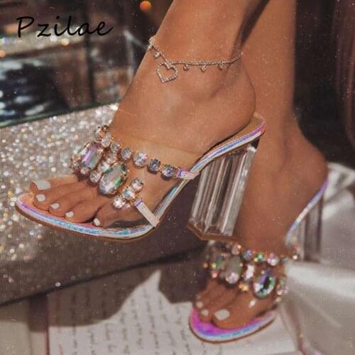Pzilae 2020 women sandals fashion rhinestone crystal women summer shoes open toe perspex high heels sandals party pumps size 42
