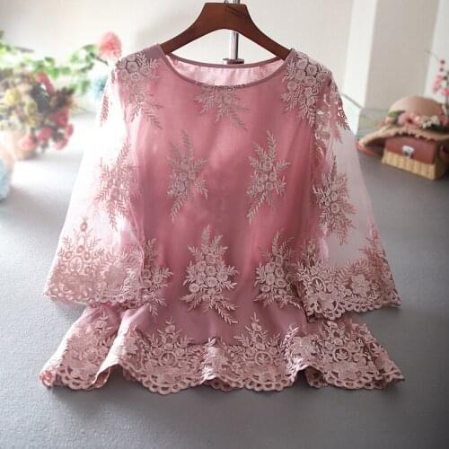 Womens Spring Summer Designer Floral Embroidery Mesh Shirt Female High Waist Casual Loose T Shirt Top TB476