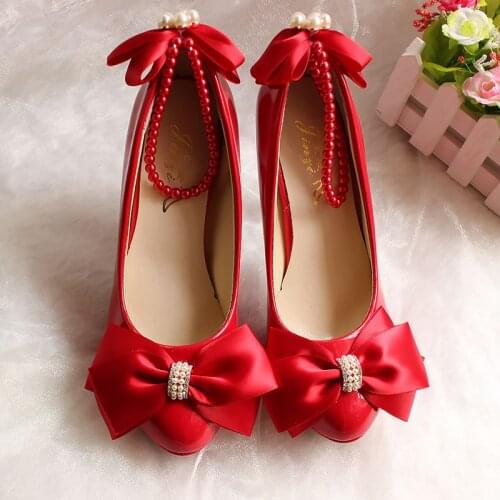 Red bow butterfly-knot women shoes wedding party dinner princess NQ184 proms dress beading straps ladies bowtie shoes heel 5CM