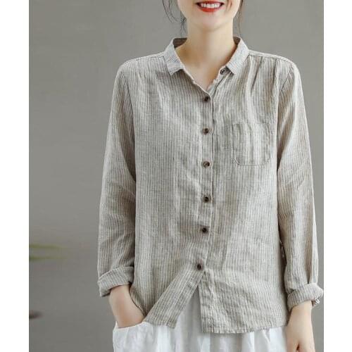 Johnature 2021 Autumn New Cotton Linen Retro Striped Turn-down Collar Long Sleeve Shirt Leisure Single Breasted Women Tops Shirt