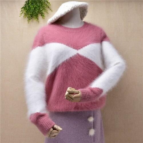 Ladies women blouses sweet pink white short style mink cashmere loose basic pullover angora rabbit fur knitted jumper sweater