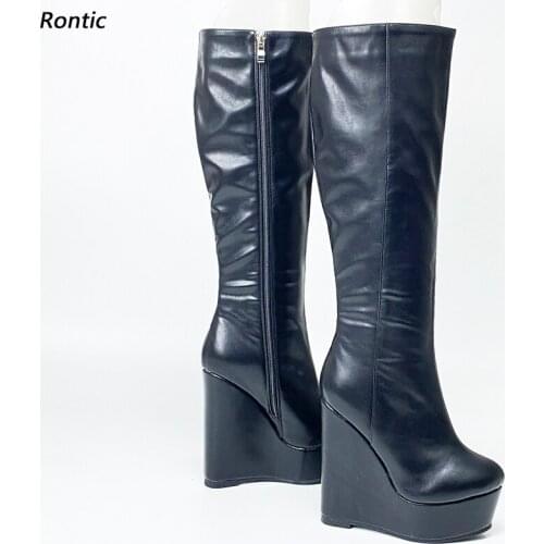 Rontic New Arrival Women Winter Knee Boots Unisex Faux Leather Wedges Heels Round Toe Elegant Black Party Shoes US Size 5-20