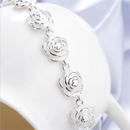 New 925 sterling Silver Full Rose Flower Chain Bracelet For Women Fashion Pretty Wedding Party Holiday gift fine luxury Jewelry