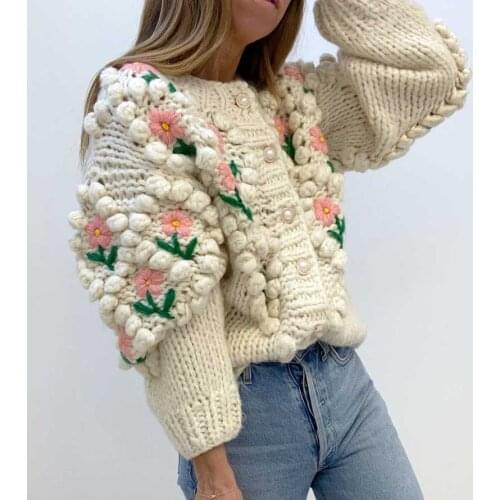 Boho Inspired Floral knit applique Cardigan women Cream buttons long Sleeve sweater coat new casual autumn winter cardigans