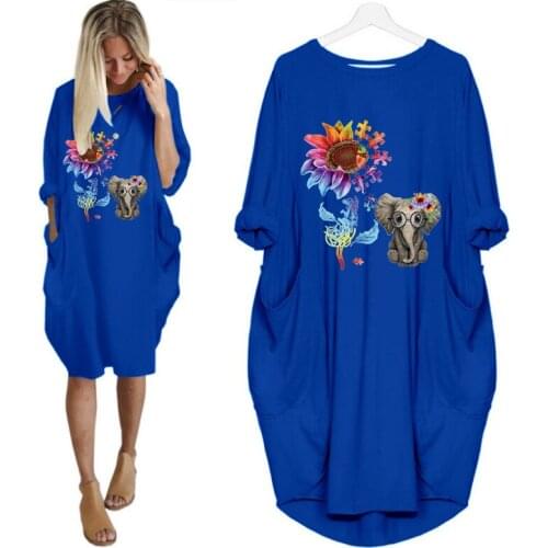 Ladies Dresses Elegant Elephant And Sunflower Print Woman Midi Dress Long Sleeve O Neck Beach Party Club Robes Vestidos Mujer