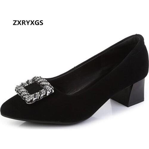 2021 High Quality Frosted Sheepskin Rhinestone Shoes Black High Heels 3 / 5 Cm Pointed Toe Shallow Fashionable Shoes Large Size