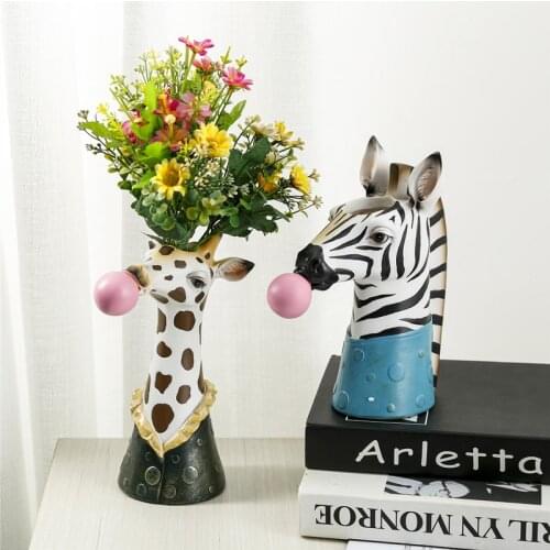 BAO GUANG TA Resin Animal Head Vase FlowerPot Bubble Gum Room Decoration Simulation Zebra Panda Deer Creative Crafts Decor