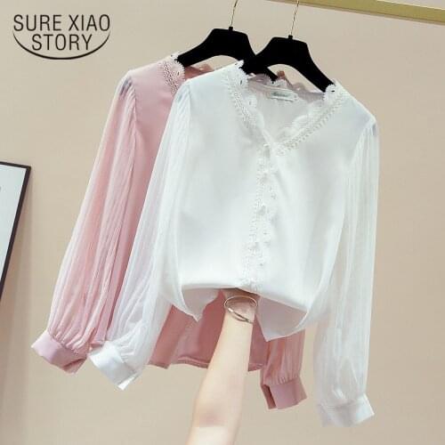 White Shirt Autumn Lace Blouse V-neck Chiffon Shirt Womens Sexy Tops Hollow Out Korean Style Solid Pullover Office Lady 11161