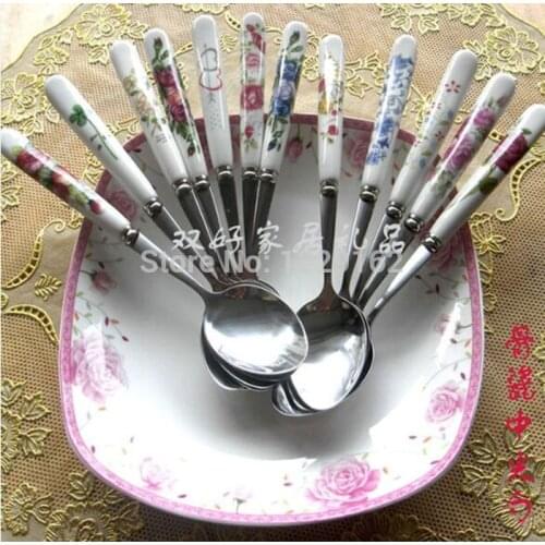 Free shipping (3pcs/lot) Kitchen tool Bone China Handle Stainless Steel spoon/ 187mm Soup Spoon tableware