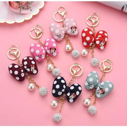 6 Color Minnie Bow Key Chain Wave Pillow Knot Pearl Diamond Ball Tassel Pendant Schoolbag Backpack Car Bag Anime Accessories