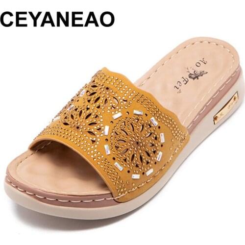 CEYANEAOSummer Wedges Slippers Women Platform Sandals Rhinestone Open Toe Ladies Shoes Hollow Out Outdoor Slides Beach Flip Flop
