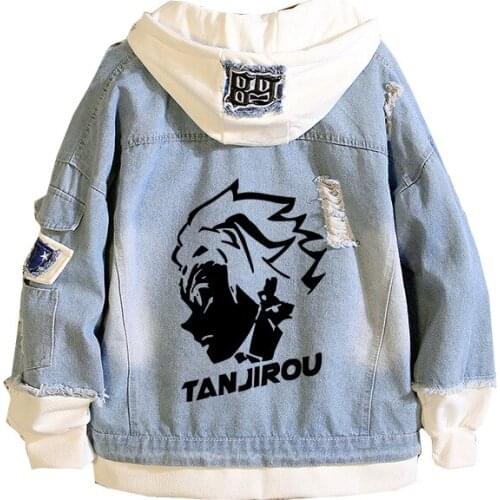 Demon Slayer: Kimetsu no Yaiba Couple Denim Jacket Harajuku Hoodies Anime Jean Streetwear Women Hooded Sweatshirt Men Sweatshirt