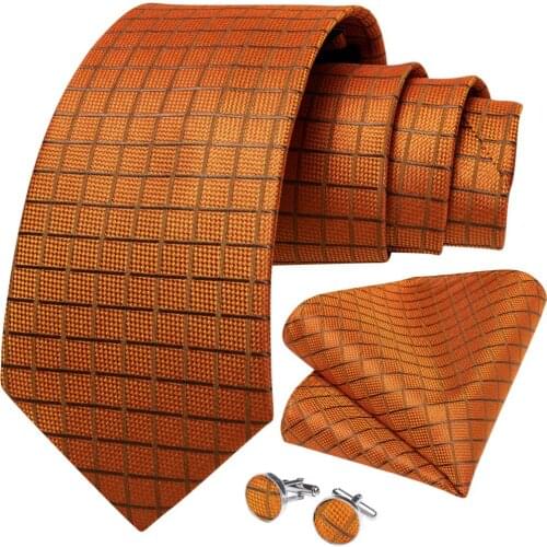 DiBanGu Mens Necktie Orange Plaid Design Silk Wedding Tie For Men Tie Hanky Cufflinks Set Fashion Bussiness Party SJT-464