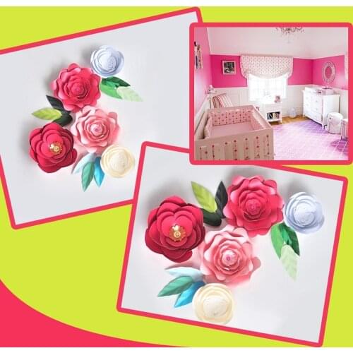 DIY Giant Paper Flowers Artificial Rose Fleurs Backdrops 5pcs+9 Leave For Wedding Party Decorations Baby Nursery Video Tutorial