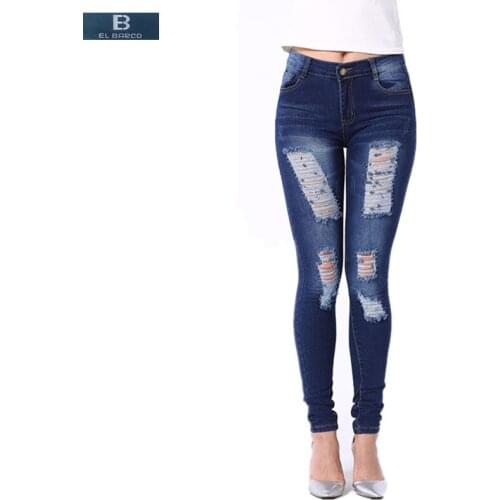 [EL BARCO] New Denim Cotton Ripped Holes Female Jeans Soft Breathable Skinny Pencil Pants Summer Blue Casual Trousers Size S-XXL